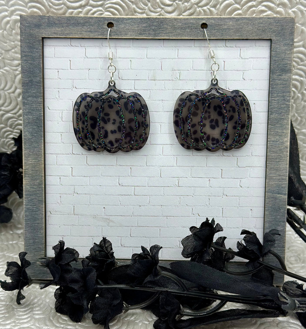 Layered Pumpkin Earrings - Leopard/Black Glitter